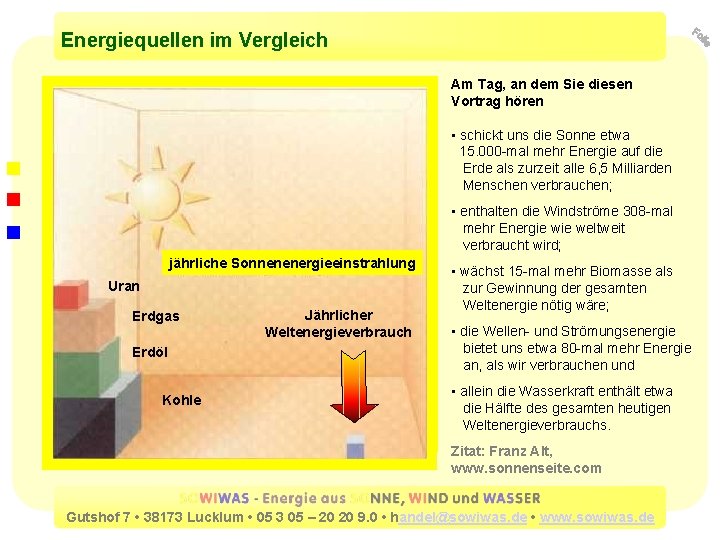 Energiequellen im Vergleich Am Tag, an dem Sie diesen Vortrag hören • schickt uns