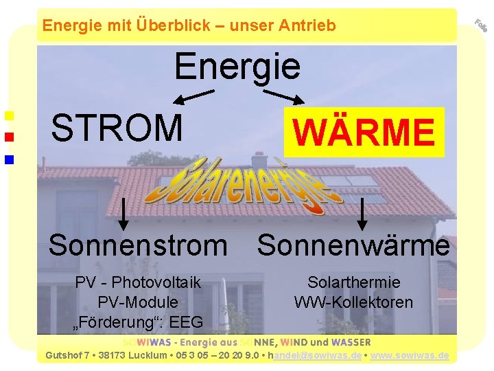 Energie mit Überblick – unser Antrieb Energie STROM WÄRME Sonnenstrom Sonnenwärme PV - Photovoltaik