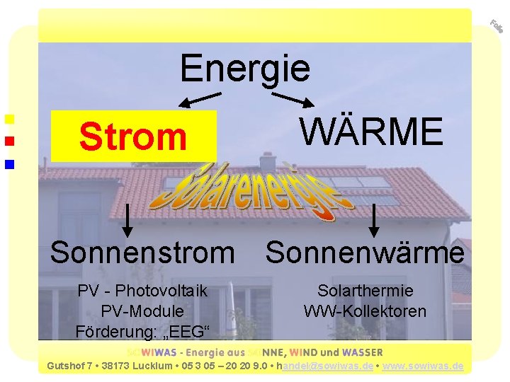 Energie STROM Strom WÄRME Sonnenstrom Sonnenwärme PV - Photovoltaik PV-Module Förderung: „EEG“ Solarthermie WW-Kollektoren