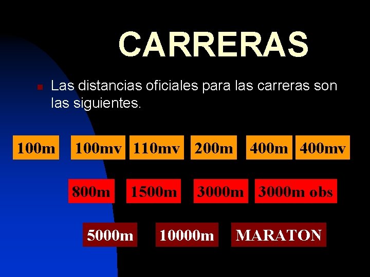 CARRERAS n Las distancias oficiales para las carreras son las siguientes. 100 mv 110