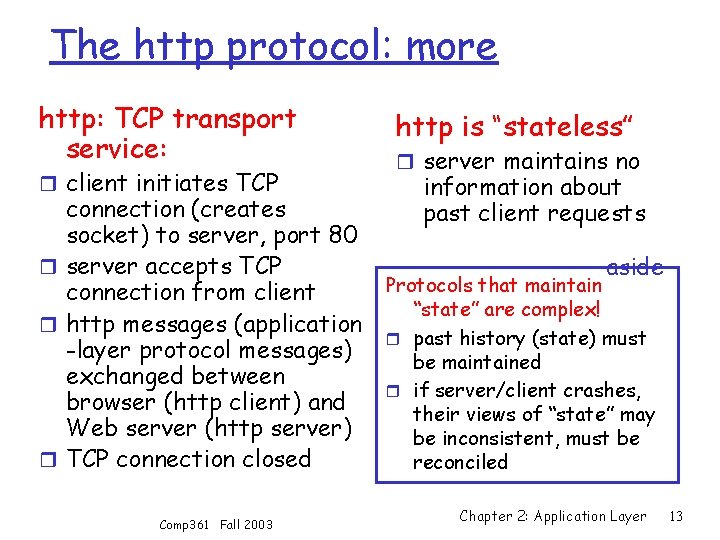 The http protocol: more http: TCP transport service: r client initiates TCP connection (creates