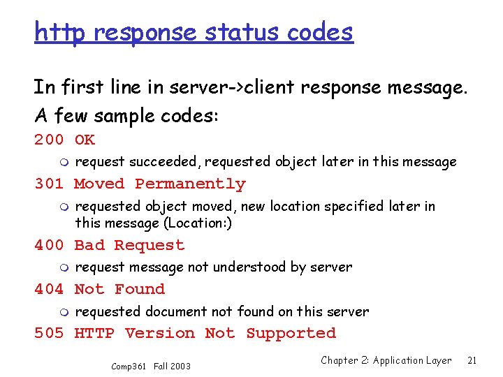 http response status codes In first line in server->client response message. A few sample