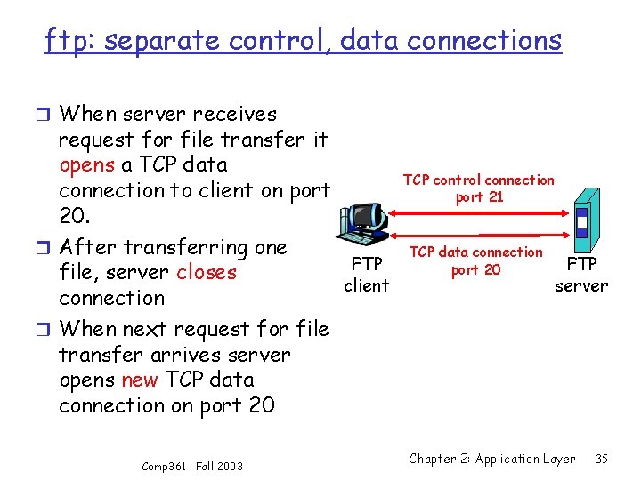 ftp: separate control, data connections r When server receives request for file transfer it