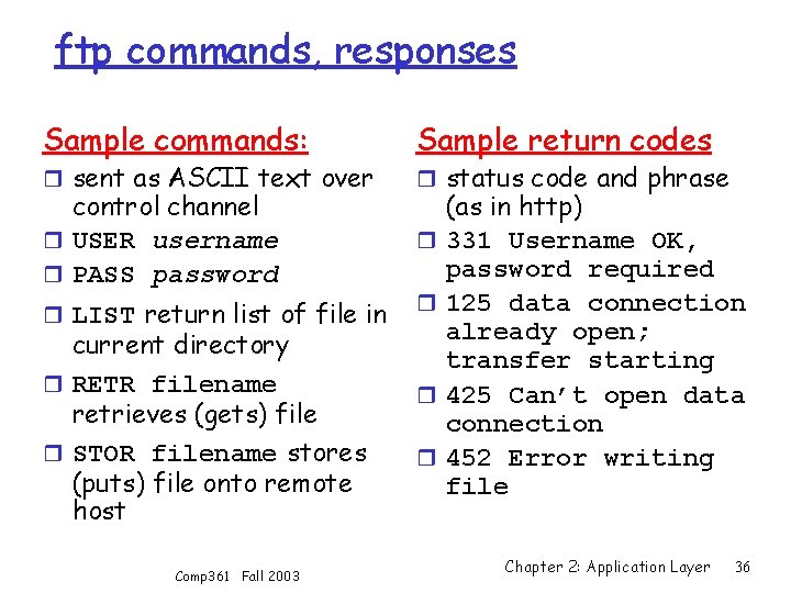 ftp commands, responses Sample commands: r sent as ASCII text over control channel r