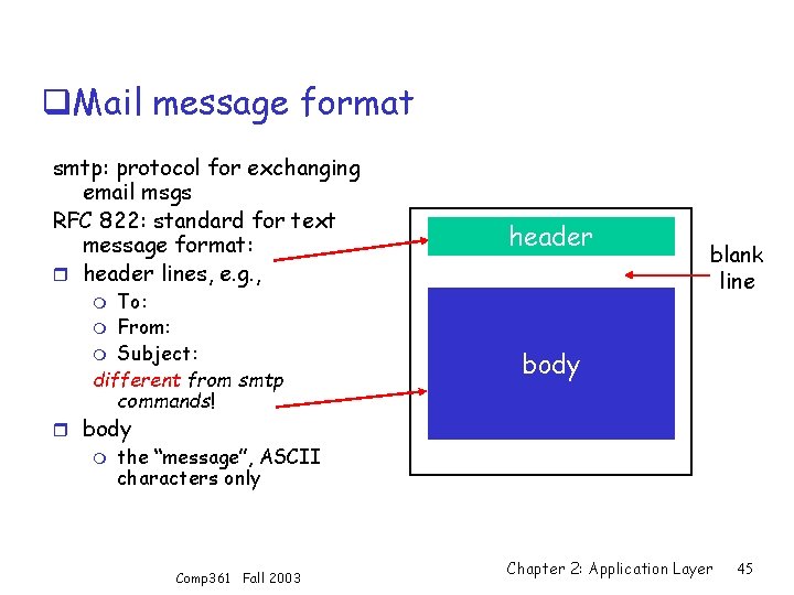 q. Mail message format smtp: protocol for exchanging email msgs RFC 822: standard for