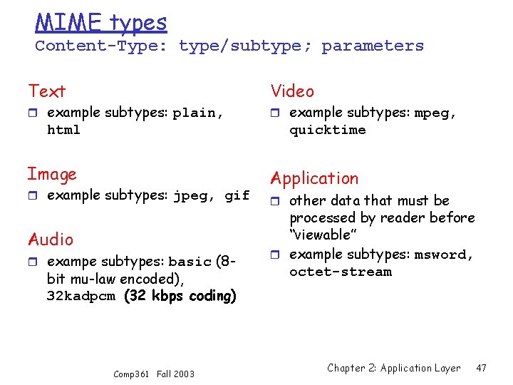 MIME types Content-Type: type/subtype; parameters Text r example subtypes: plain, html Video r example