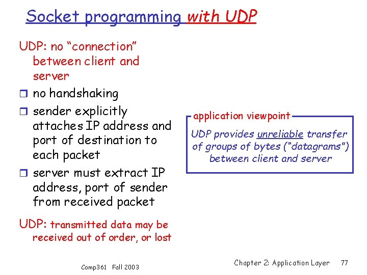 Socket programming with UDP: no “connection” between client and server r no handshaking r