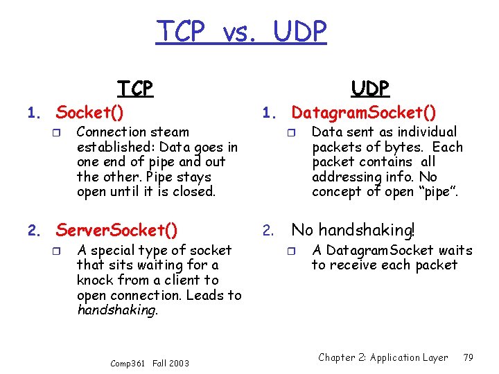 TCP vs. UDP TCP UDP 1. Socket() r Connection steam established: Data goes in