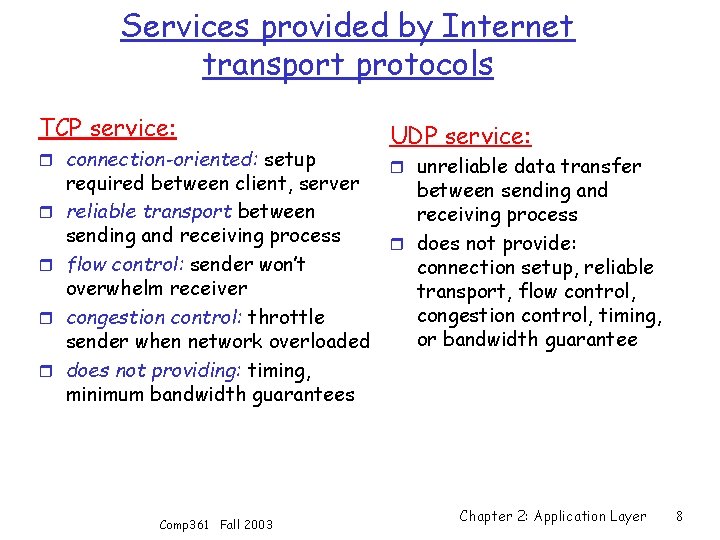 Services provided by Internet transport protocols TCP service: r connection-oriented: setup r r UDP