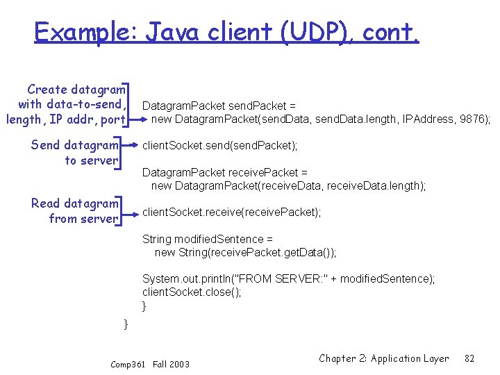 Example: Java client (UDP), cont. Create datagram with data-to-send, length, IP addr, port Send