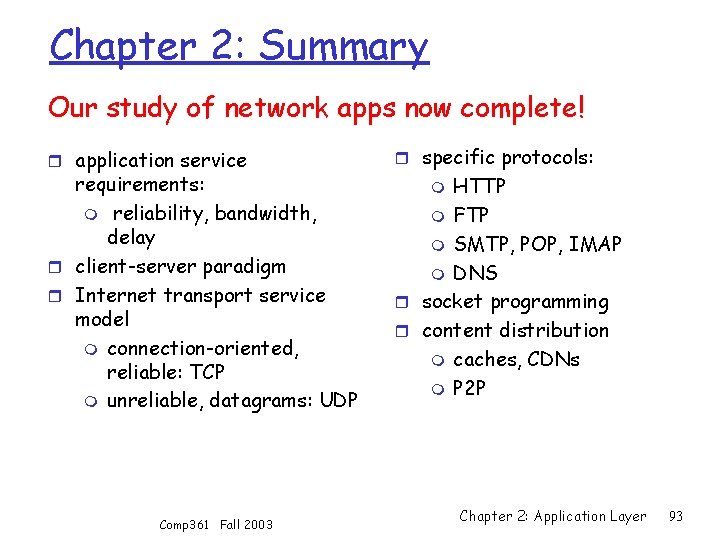 Chapter 2: Summary Our study of network apps now complete! r application service requirements: