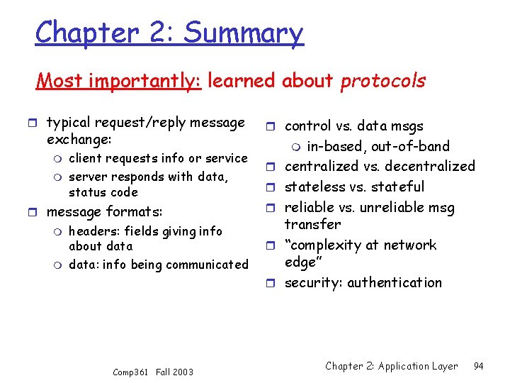 Chapter 2: Summary Most importantly: learned about protocols r typical request/reply message exchange: m