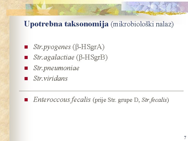 Upotrebna taksonomija (mikrobiološki nalaz) n Str. pyogenes (β-HSgr. A) Str. agalactiae (β-HSgr. B) Str.