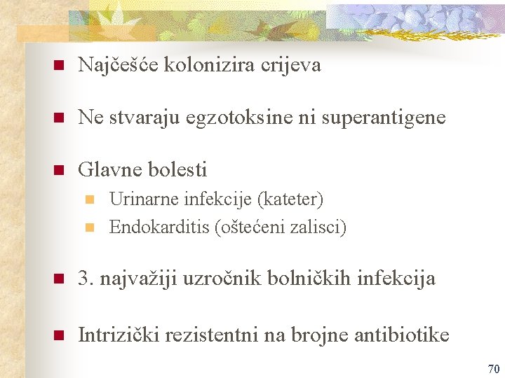 n Najčešće kolonizira crijeva n Ne stvaraju egzotoksine ni superantigene n Glavne bolesti n