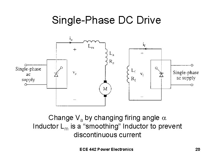 Single-Phase DC Drive Change Va by changing firing angle Inductor Lm is a “smoothing”