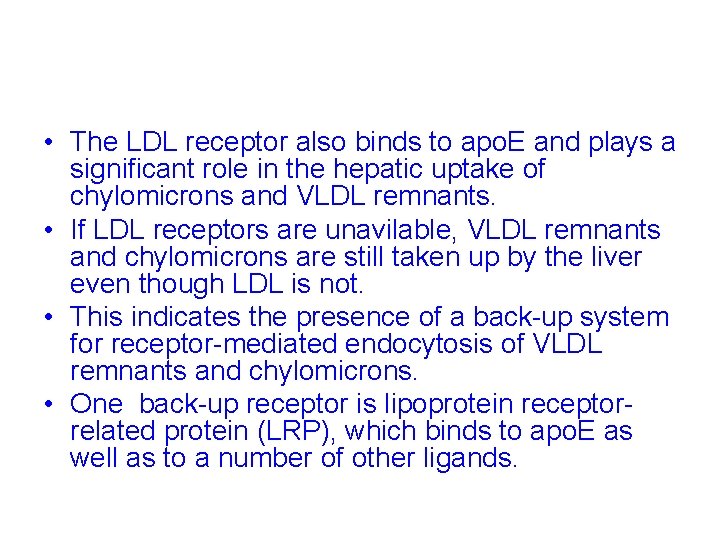  • The LDL receptor also binds to apo. E and plays a significant