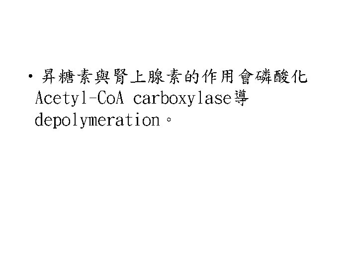  • 昇糖素與腎上腺素的作用會磷酸化 Acetyl-Co. A carboxylase導 depolymeration。 