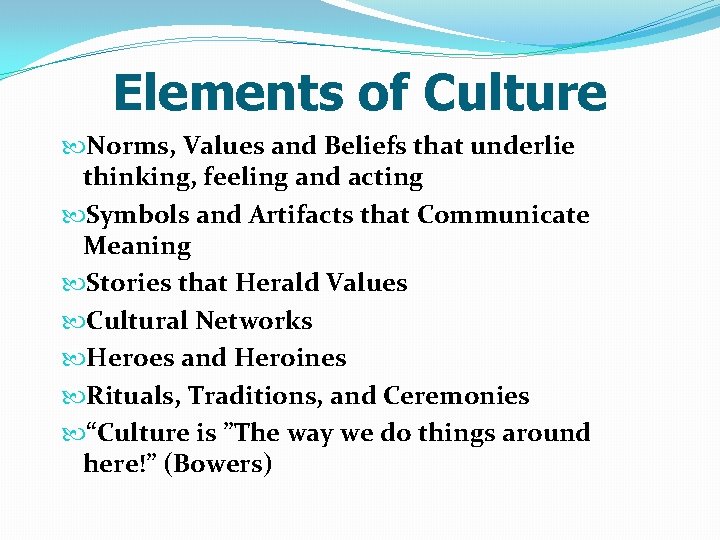 Elements of Culture Norms, Values and Beliefs that underlie thinking, feeling and acting Symbols