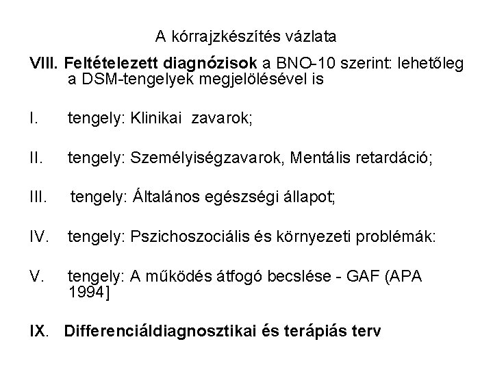 A kórrajzkészítés vázlata VIII. Feltételezett diagnózisok a BNO 10 szerint: lehetőleg a DSM tengelyek