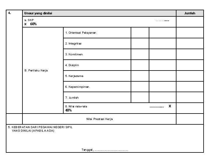 4. Unsur yang dinilai Jumlah ………. . . a. SKP x 60% 1. Orientasi