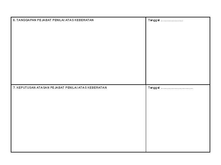 6. TANGGAPAN PEJABAT PENILAI ATAS KEBERATAN Tanggal. . . 7. KEPUTUSAN ATASAN PEJABAT PENILAI
