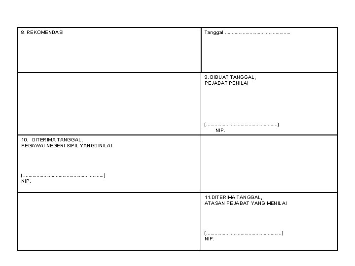 8. REKOMENDASI Tanggal. . . 9. DIBUAT TANGGAL, PEJABAT PENILAI (. . . .