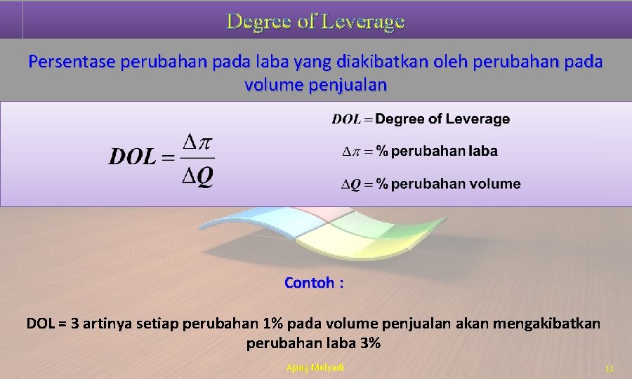 Degree of Leverage Persentase perubahan pada laba yang diakibatkan oleh perubahan pada volume penjualan