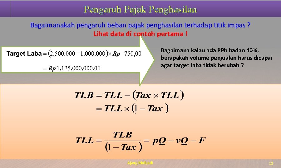 Pengaruh Pajak Penghasilan Bagaimanakah pengaruh beban pajak penghasilan terhadap titik impas ? Lihat data