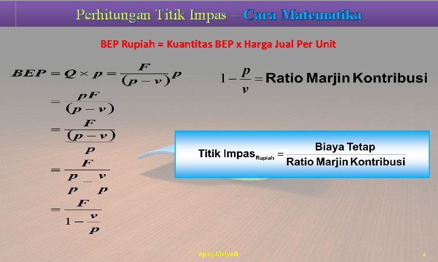 Perhitungan Titik Impas – Cara Matematika BEP Rupiah = Kuantitas BEP x Harga Jual