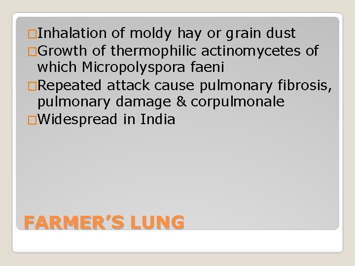 �Inhalation of moldy hay or grain dust �Growth of thermophilic actinomycetes of which Micropolyspora