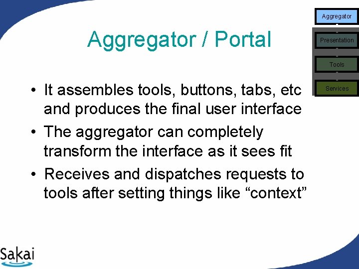 Aggregator / Portal Presentation Tools • It assembles tools, buttons, tabs, etc and produces Aggregator / Portal Presentation Tools • It assembles tools, buttons, tabs, etc and produces