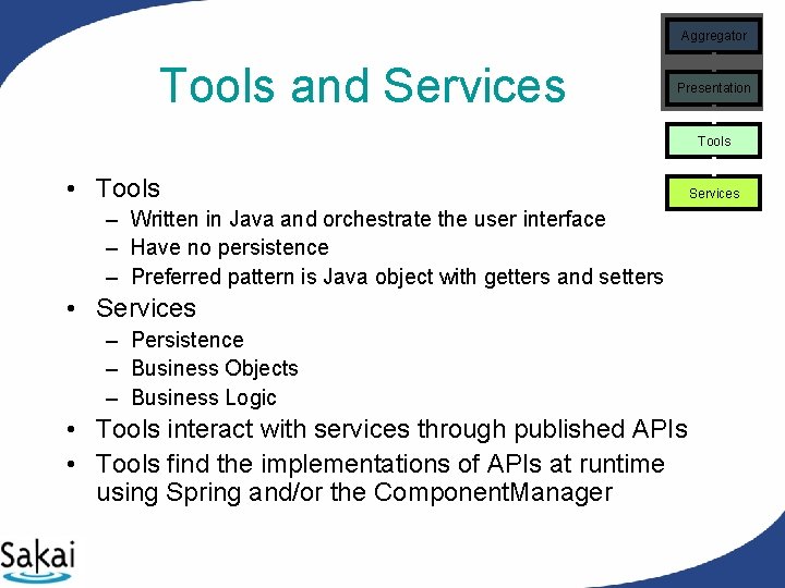 Aggregator Tools and Services Presentation Tools • Tools – Written in Java and orchestrate Aggregator Tools and Services Presentation Tools • Tools – Written in Java and orchestrate