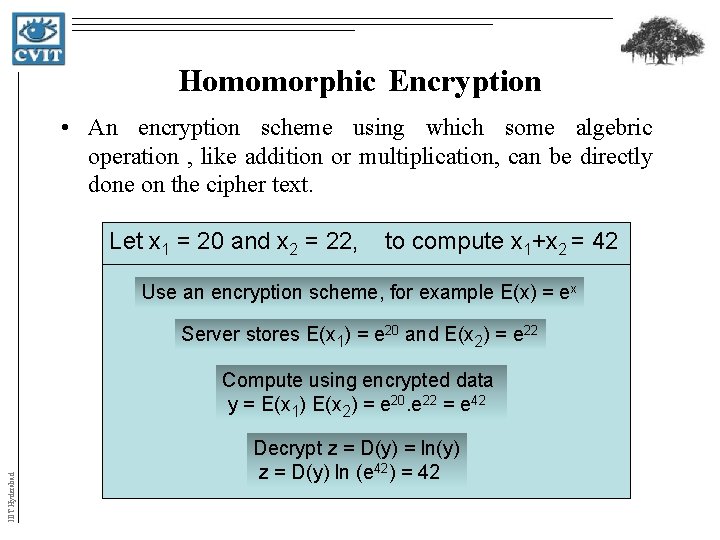Homomorphic Encryption • An encryption scheme using which some algebric operation , like addition Homomorphic Encryption • An encryption scheme using which some algebric operation , like addition