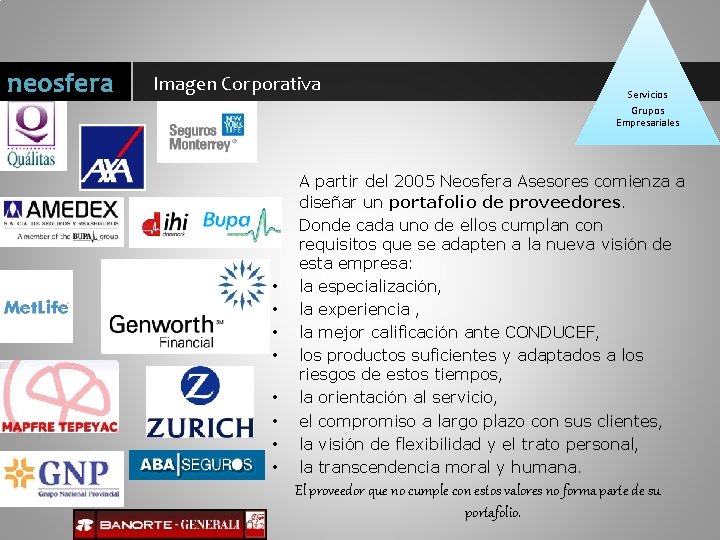 neosfera Imagen Corporativa Servicios Grupos Empresariales • • A partir del 2005 Neosfera Asesores