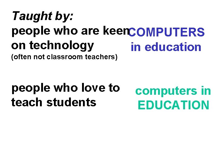 Taught by: people who are keen. COMPUTERS on technology in education (often not classroom