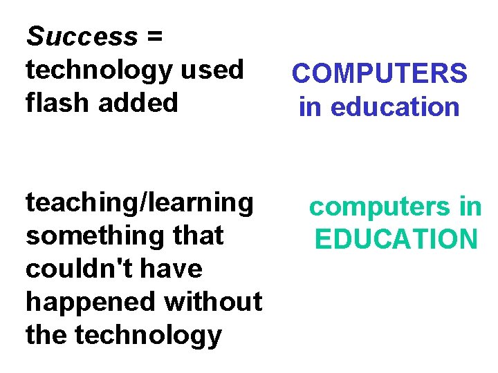 Success = technology used flash added teaching/learning something that couldn't have happened without the