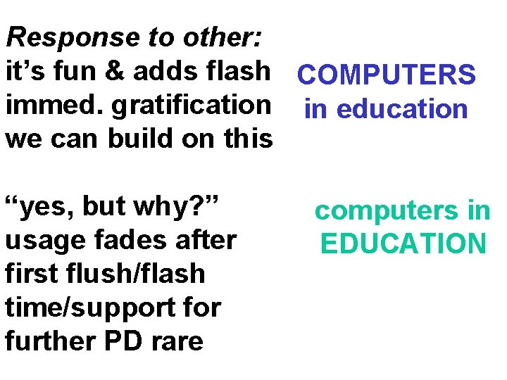 Response to other: it’s fun & adds flash COMPUTERS immed. gratification in education we
