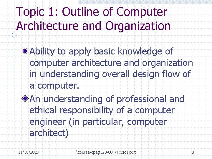 Topic 1: Outline of Computer Architecture and Organization Ability to apply basic knowledge of