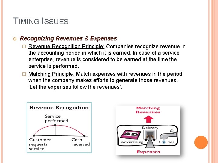 TIMING ISSUES Recognizing Revenues & Expenses Revenue Recognition Principle: Companies recognize revenue in the