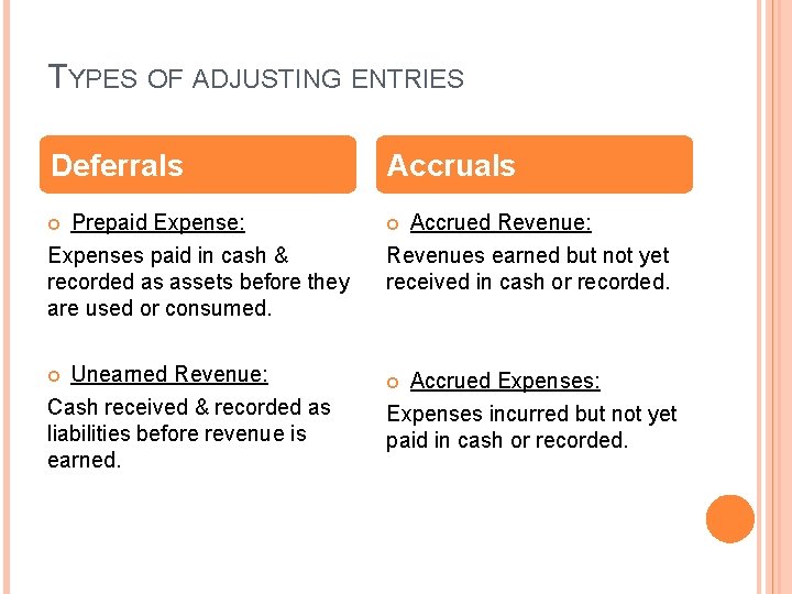 TYPES OF ADJUSTING ENTRIES Deferrals Accruals Prepaid Expense: Expenses paid in cash & recorded