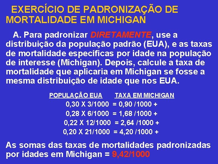 EXERCÍCIO DE PADRONIZAÇÃO DE MORTALIDADE EM MICHIGAN A. Para padronizar DIRETAMENTE, use a
