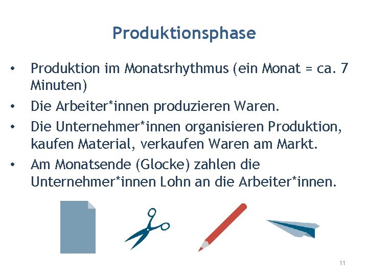 Produktionsphase • • Produktion im Monatsrhythmus (ein Monat = ca. 7 Minuten) Die Arbeiter*innen