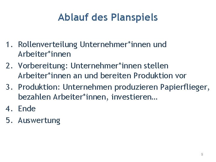 Ablauf des Planspiels 1. Rollenverteilung Unternehmer*innen und Arbeiter*innen 2. Vorbereitung: Unternehmer*innen stellen Arbeiter*innen an