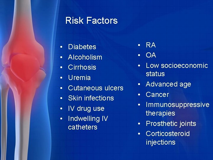 Risk Factors • • Diabetes Alcoholism Cirrhosis Uremia Cutaneous ulcers Skin infections IV drug