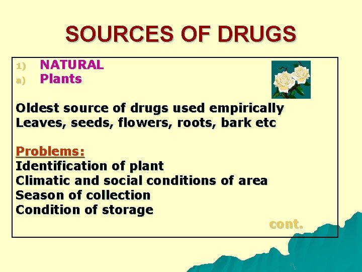 SOURCES OF DRUGS 1) a) NATURAL Plants Oldest source of drugs used empirically Leaves,