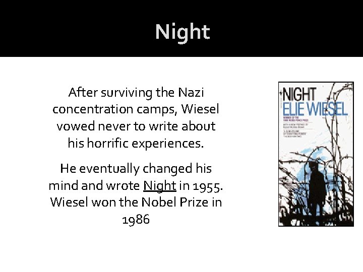 Night After surviving the Nazi concentration camps, Wiesel vowed never to write about his Night After surviving the Nazi concentration camps, Wiesel vowed never to write about his