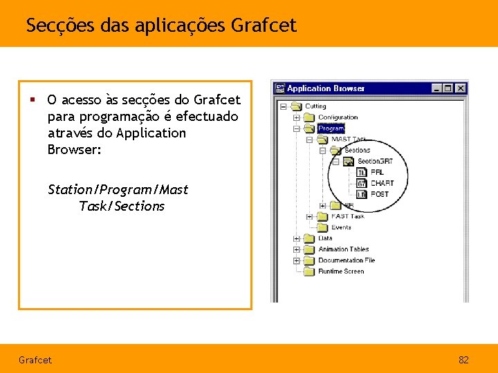 Secções das aplicações Grafcet § O acesso às secções do Grafcet para programação é