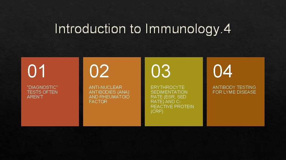 Introduction to Immunology. 4 01 02 03 04 “DIAGNOSTIC” TESTS OFTEN AREN’T ANTI-NUCLEAR ANTIBODIES