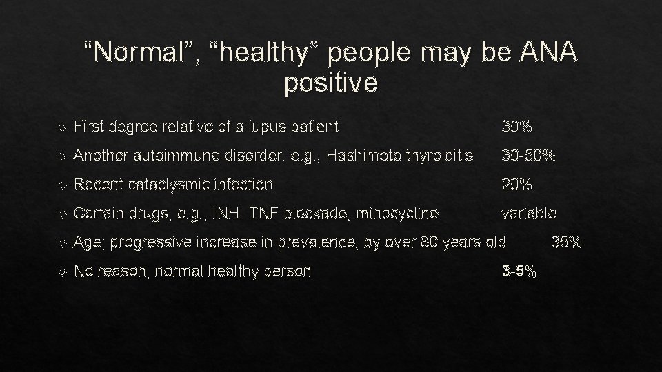 “Normal”, “healthy” people may be ANA positive First degree relative of a lupus patient