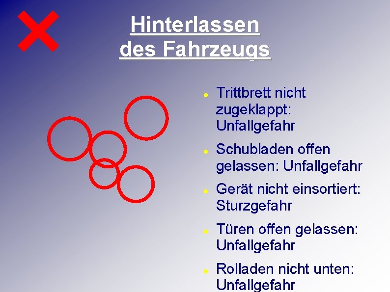 Hinterlassen des Fahrzeugs Trittbrett nicht zugeklappt: Unfallgefahr Schubladen offen gelassen: Unfallgefahr Gerät nicht einsortiert: